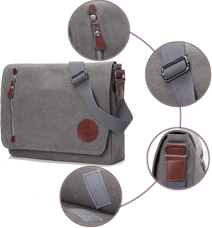 Vintage Canvas Satchel Messenger Bag for Men Women,Travel Shoulder bag 13.5" Laptop Bags Bookbag (Grey)