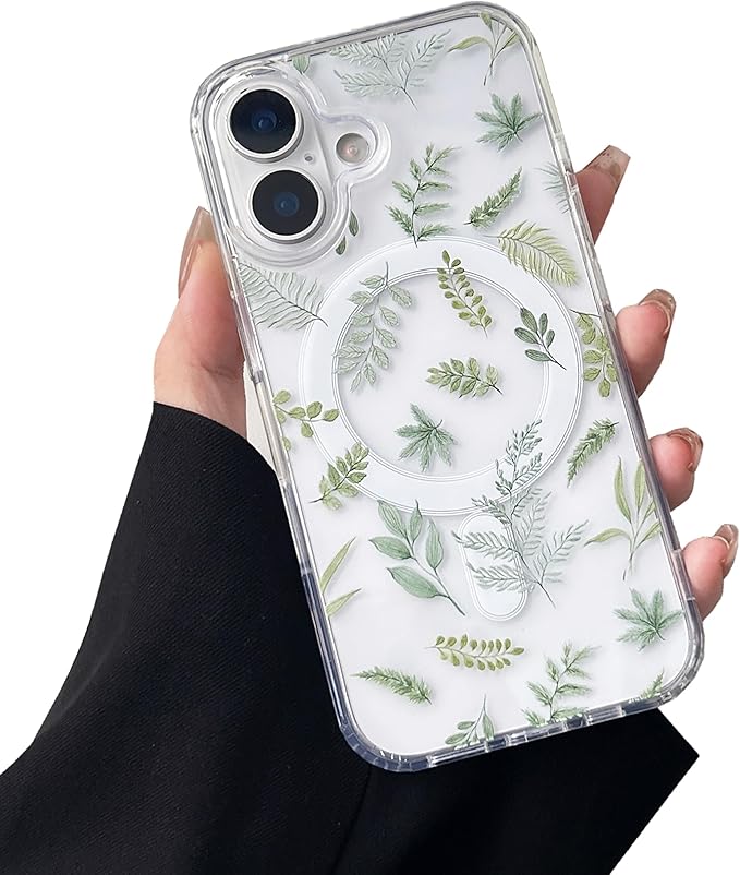 ZTOFERA for iPhone 17 Magnetic Case Compatible with Magsafe,Aesthetic Floral Pattern Design Cute for Girl Women,Anti-Drop Protective Hard Phone Cover for iPhone 17-Green Leaf