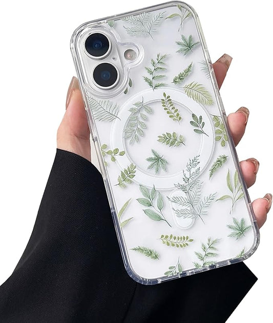 ZTOFERA for iPhone 17 Magnetic Case Compatible with Magsafe,Aesthetic Floral Pattern Design Cute for Girl Women,Anti-Drop Protective Hard Phone Cover for iPhone 17-Green Leaf