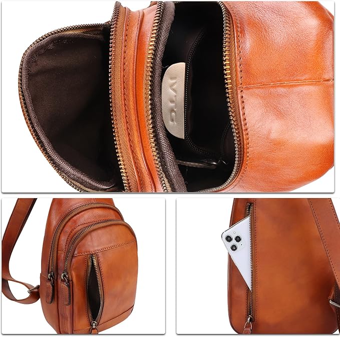 IVTG Genuine Leather Sling Bag Chest Shoulder Pack Crossbody Casual Daypack Vintage Handmade Hiking Backpack Motorcycle Bag (Brown) Medium