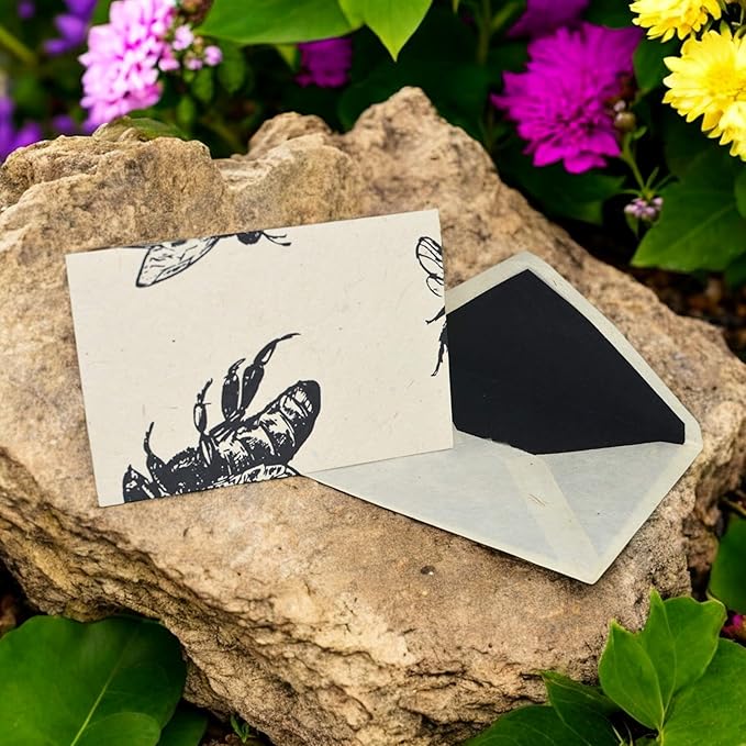Kathmandu Valley Co. Nepali Cherish Greeting Card & Envelope Box Set with Handmade Lokta Paper from Nepal, 15 Cards (Bees)