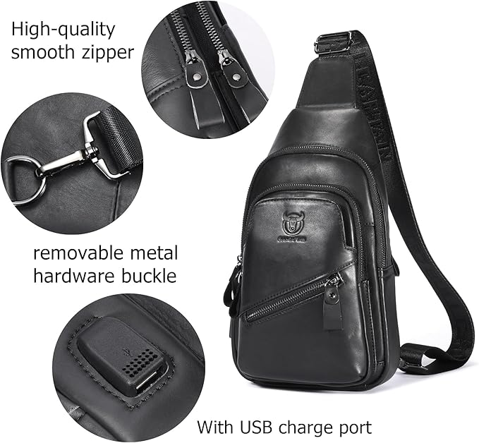 BULLCAPTAIN Leather Sling Chest Bag for Men Outdoor Hiking Travel Crossbody Bag Backpack with USB Charging Port (Black)