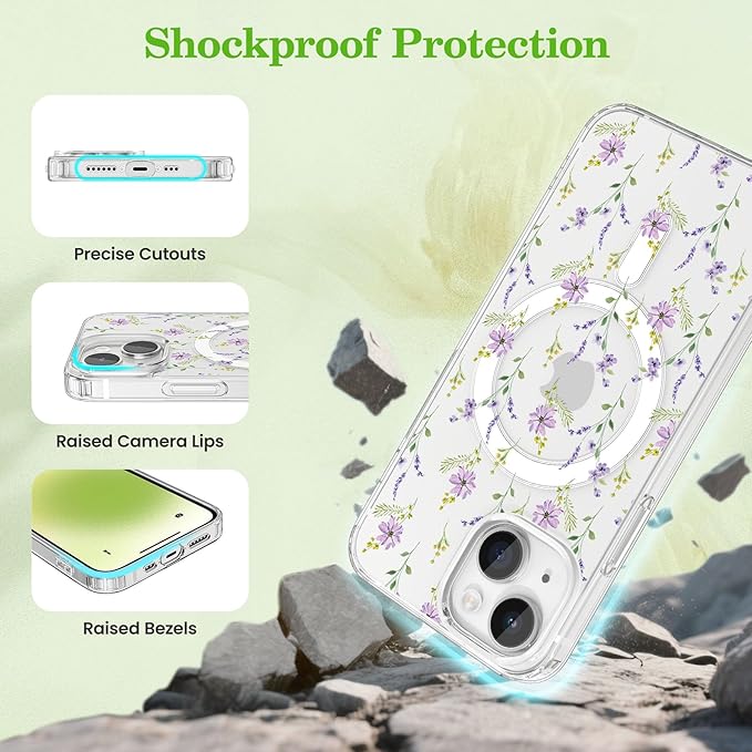 ZTOFERA for iPhone 15 Magnetic Case Compatible with Magsafe,Aesthetic Floral Pattern Design Cute for Girl Women,Anti-Drop Protective Hard Phone Cover for iPhone 15-Purple Flower