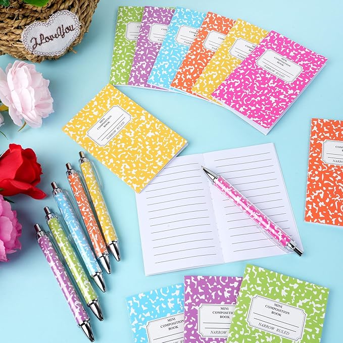 48 Pack Bulk Mini Composition Notebook with Rainbow Colors Ballpoint Pens Sets, 3.1x4.9 inch Hard Cover,16 Sheets Per Comp Book Marble Composition Notebook for School College & Office Supplies