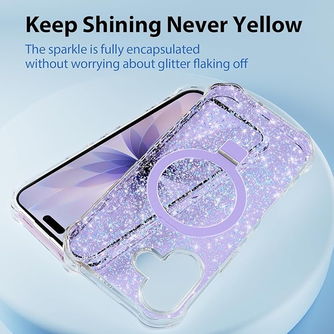 Magnetic for iPhone 17 Case with Invisible Stand, Compatible with MagSafe, Clear Bling Sparkle Shockproof Slim Anti-Slip Military Drop Protection Hard Phone Case 6.3" Glitter Purple