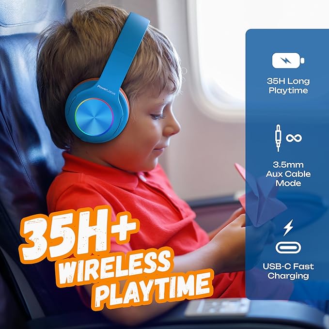 PowerLocus PLED Kids Bluetooth Headphones, Kids Wireless Headphones with LED Lights, 74/85/94dB Safe Volume, Micro SD, AUX Cable, Hi-Fi Stereo, Built-in Mic Over Ear Kid Headphone for Travel/Tablet/PC