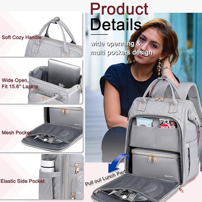 Weitars Lunch Backpack For Women,15.6 Inch Laptop Backpacks For Womens Back pack, Travel Backpacks,Work Backpack For Women (Gray)