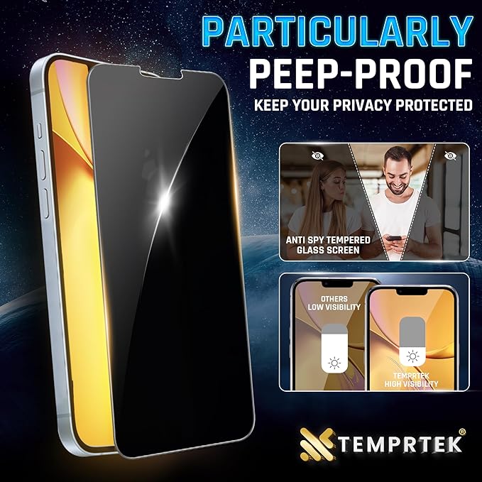 TEMPRTEK+ 2 Pack for iPhone 16 Pro Privacy Screen Protector Privacy 9H Military Grade Scratch Fingerprint Resistance Anti-Glare Shatterproof Tempered Glass Anti-Spy Easy Installation Bubble Free