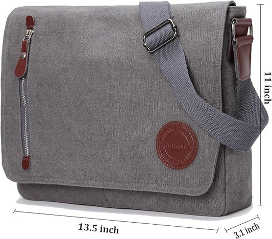 Vintage Canvas Satchel Messenger Bag for Men Women,Travel Shoulder bag 13.5" Laptop Bags Bookbag (Grey)