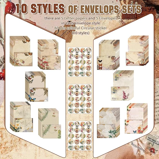 TaoBary 160 Pcs Stationery Paper Set 50 Double Sided Stationery Papers with 50 Matching Envelopes and 60 Round Dot Sticker, 10 Design(Nature Vintage Style,5.5 x 8.25 Inch)