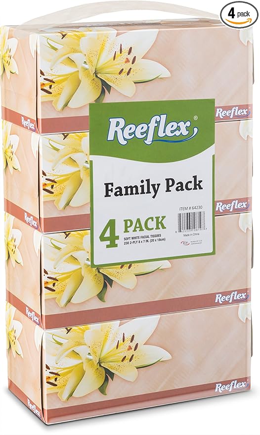 Reeflex Premium Facial Tissues 230 Sheets Per Box, 2-Ply Soft Touch, Gentle and Durable in A Stylish Box - 4 Total Boxes, 920 Sheets Family Pack