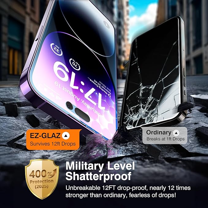 EZ-GLAZ-4+2 Pack for iPhone 14 Pro Privacy Screen Protector[6.1 inches] With Camera Lens Protector, [Drop Protection] 9H Hardness Full Coverage Anti-Spy Tempered Glass Film, Easy to install