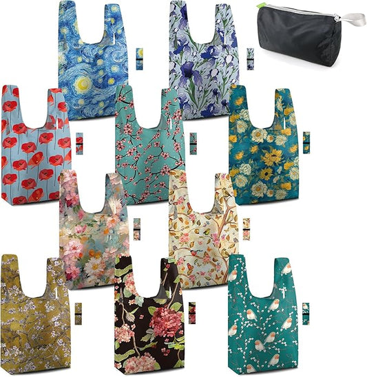 BeeGreen Reusable Grocery Bags Bulk Gifts 10-Pack - Large Tote with Zipper Pouch | Foldable & Washable Polyester Shopping Bags Heavy Duty Animal Lover Gifts Reusable Bag With Handles