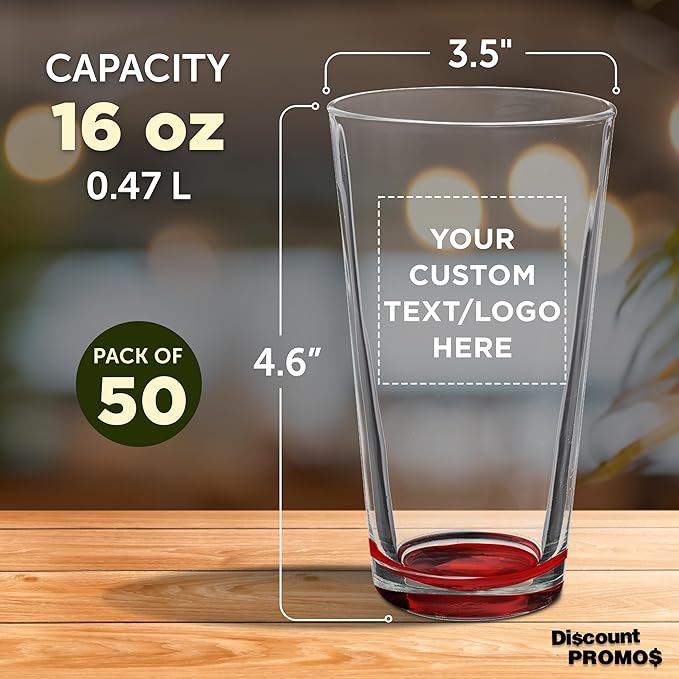 Custom Casale Pint Glass 16 oz. Set of 50, Personalized Bulk Pack - Beer Glasses, Heavy Duty Drinkware - Red