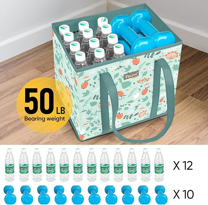 BALEINE 3Pk Reusable Grocery Bags, Foldable Shopping Bags for Groceries with Reinforced Bottom & Handles (Spring Stroll)