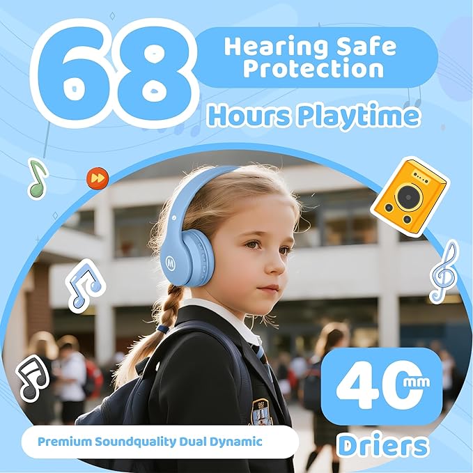 Headphones Kids Bluetooth 5.4 Wireless Play Time 68H Safe Volume Limit 85/94dB Over-Ear Foldable Headset,Fast Charging,with Aux Cord Built-in Mic for Toddler Child Pad Study Tablet Blue