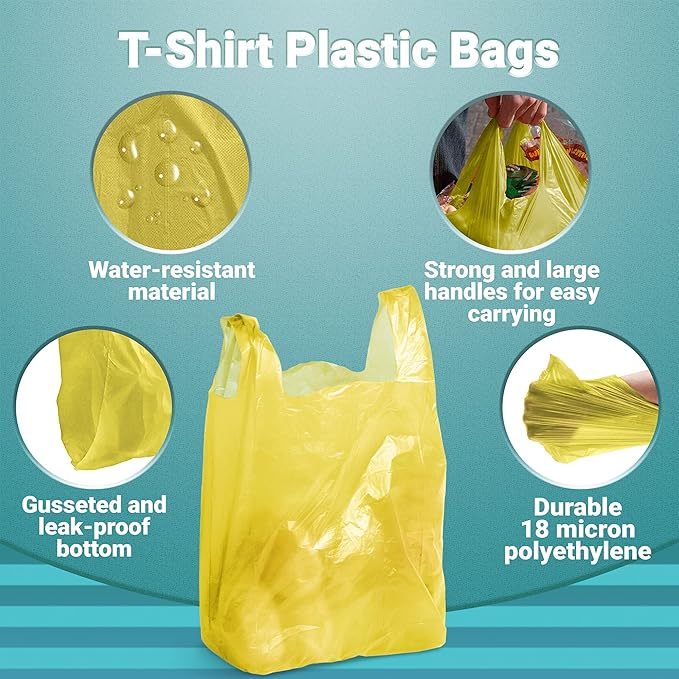 Yellow T-Shirt Bags, 12 x 6 x 22 Inches. Pack of 700 Plastic Merchandise Bags, 18 Micron. Unprinted Grocery Bags with Handles. High Density Polyethylene Shopping Bags for Small Business