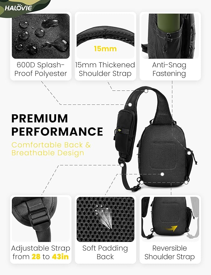 HALOVIE Anti-theft Tactical Sling Bag RFID Black Military Shoulder Bag with Phone Pack EDC Molle Crossbody Bag for men