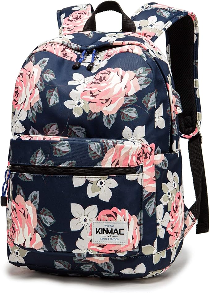 Kinmac Waterproof Laptop Travel Outdoor Backpack with USB Charging Port for 13 inch 14 inch and 15.6 inch Laptop（White Rose）