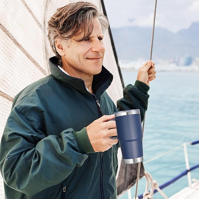 20 oz Stainless Steel Tumbler with Handle Bulk Metal Insulated Tumblers Travel Coffee Mug with Handle Double Wall Tumbler Cup with Lid and Straw, Navy 6 Pack