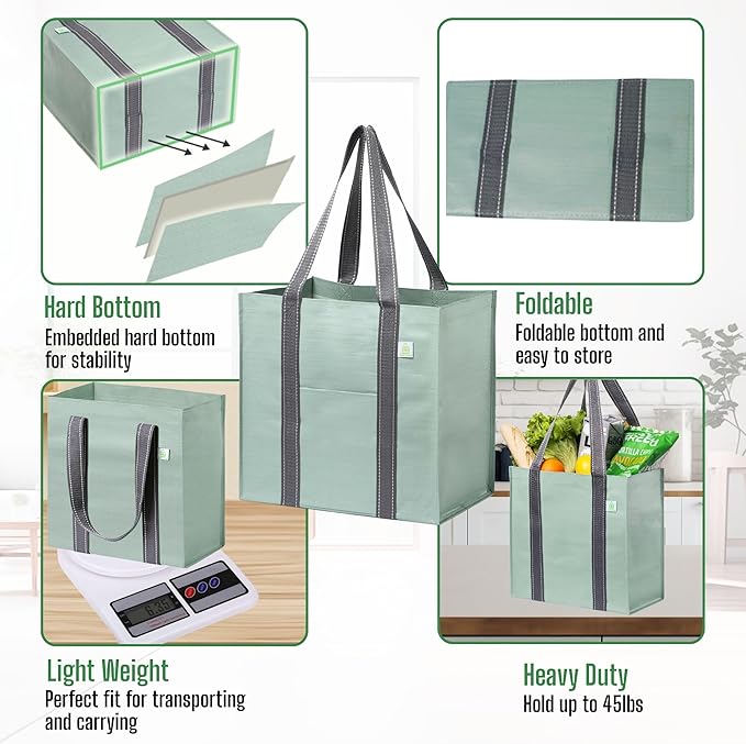 VENO 2-4 Pack Reusable Grocery shopping Bags, Small Tote Bag w/Handle Hard Bottom, Heavy Duty, Foldable Carrier