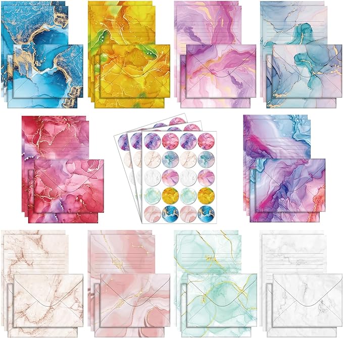 TaoBary 160 Pcs Stationery Paper Set 50 Double Sided Stationery Papers with 50 Matching Envelopes and 60 Round Dot Sticker, 10 Design(Marble,5.5 x 8.25 Inch)