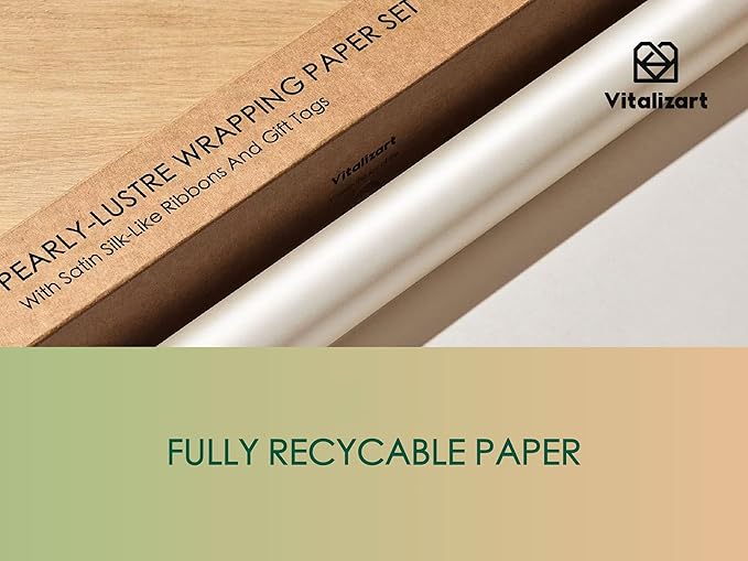 Vitalizart White Wrapping Paper Set 17" Pearly-Lustre With Silk Like Satin Ribbon & Gift Tags Recyclable Christmas Gift Wrapping Birthday Baby Shower Wedding Handmade Crafts 197"(16.4 Ft)