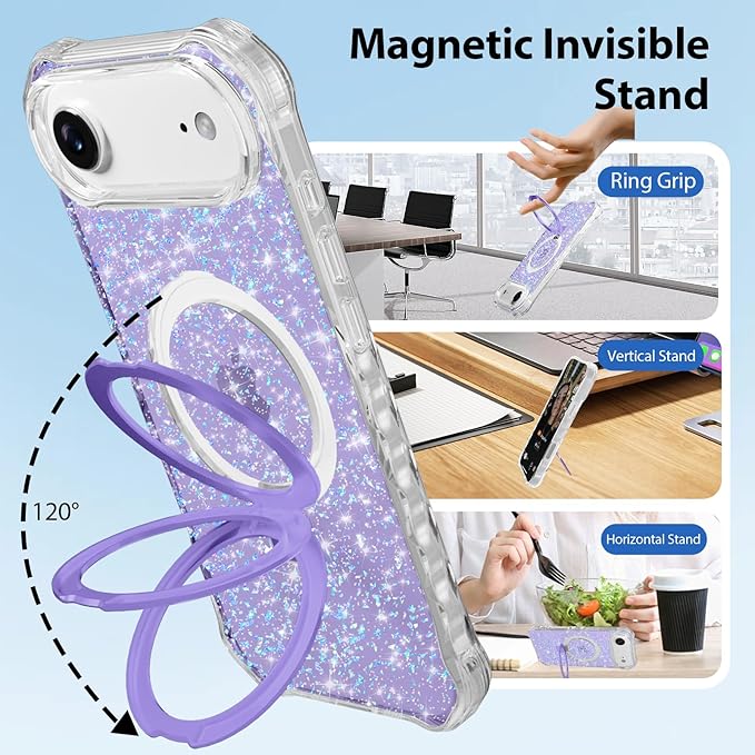 Magnetic for iPhone Air Case with Invisible Stand, Compatible with MagSafe, Clear Bling Sparkle Shockproof Slim Anti-Slip Military Drop Protection Hard Phone Case 6.5" Glitter Purple