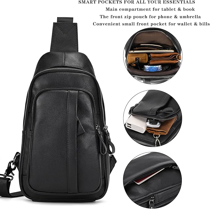 Genuine Leather Sling Bag Multi-pocket Chest Bag for Men Hiking Travel Daypack