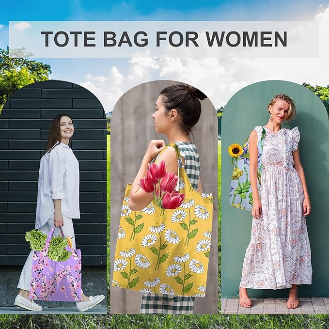 BeeGreen Floral Foldable Grocery Reusable Bags Large Shopping Tote for Groceries Cute Cloth Bags With Handles Gift Bag Groceries Tote -bag Bulk Polyester Heavy Duty Holiday