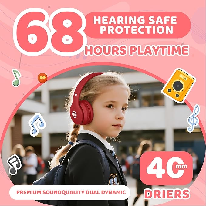 Headphones Kids Bluetooth 5.4 Wireless Play Time 68H Safe Volume Limit 85/94dB Over-Ear Foldable Headset,Fast Charging,with Aux Cord Built-in Mic for Toddler Child Pad Study Tablet Red