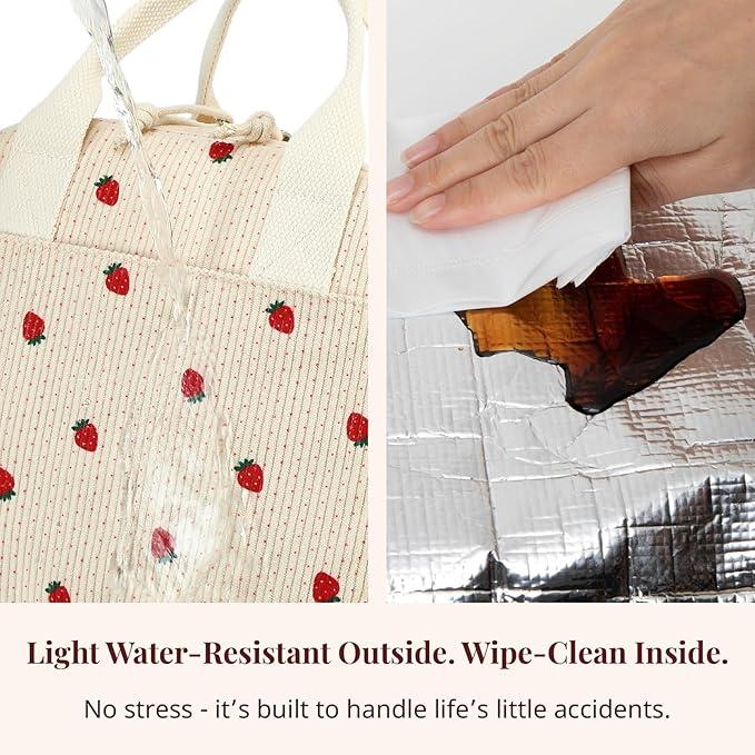 Insulated Strawberry Lunch Bag for Women, Stylish Corduroy Tote with Aluminum Lining, Large Capacity Reusable Cooler for Work, Travel, Beach or Picnic, Beige Cream Water-Resistant Lunch Box