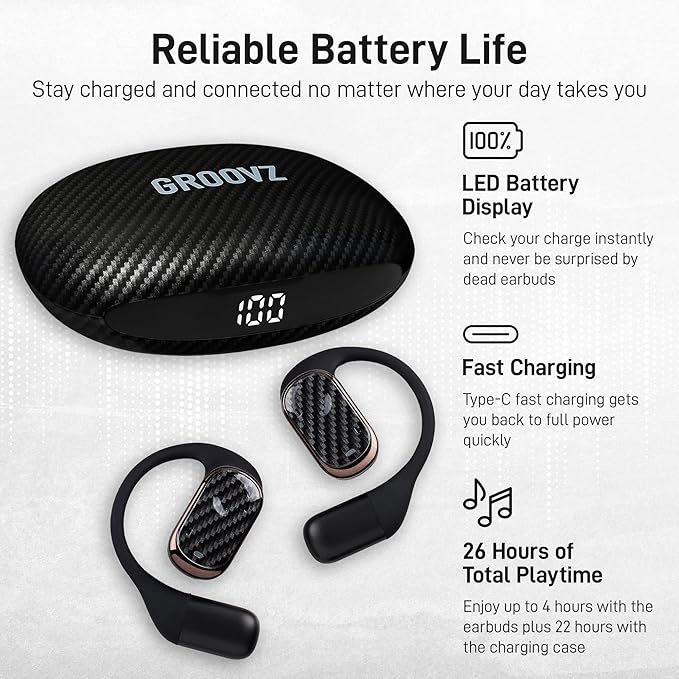 Groovz Open-Ear True Wireless Headphones with Smart Battery Display - Designed and Engineered in The USA - IPX5-Rated Bluetooth Open Ear Earbuds Compatible with Apple & Android - Carbon Fiber