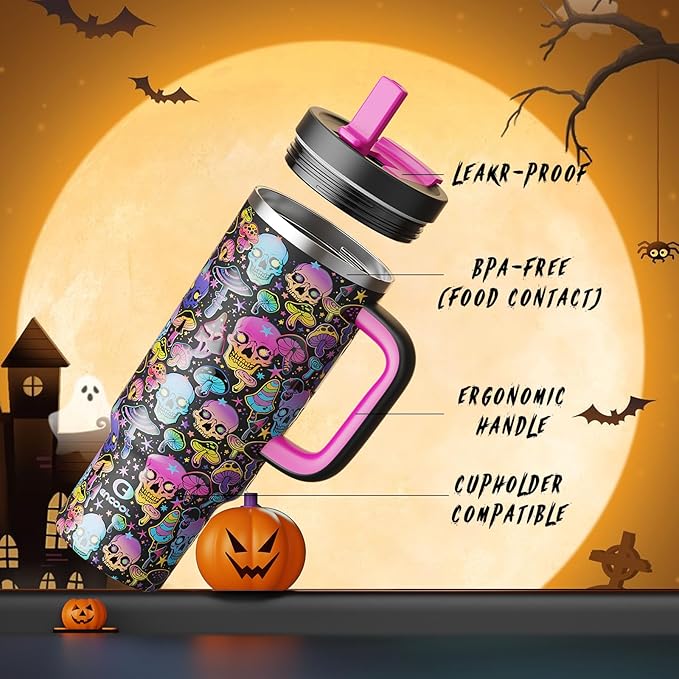 40oz Halloween Tumbler with Handle and Straw, Stainless Steel Insulated Water Bottle with Straw, Leak-Proof, Cup Holder Friendly, Keeps Cold 24 H, Gifts for Women Men, Trippy Skulls