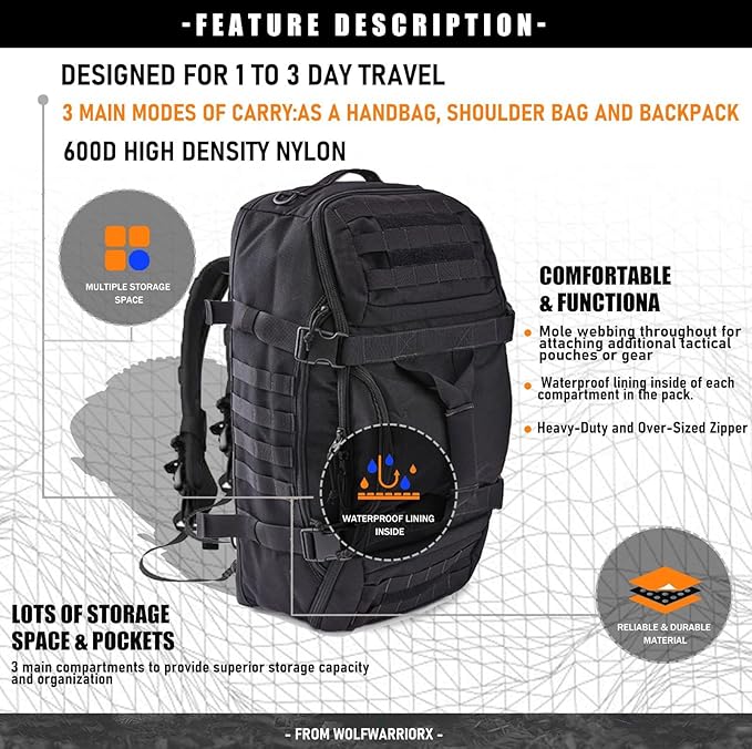 Travel Duffle Bag Backpack for Men - Large Tactical Bags Weekender Gym Bag for Overnight Traveling Military Workout Deployment Sports (Black, 45L)