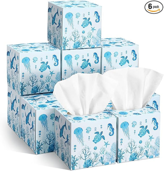 12 Pack Summer Ocean Life Facial Tissues Cube Boxes 600 Sheets 3 Ply Small Square Sea Turtles Jellyfish Turtle Face Tissues Bulk for Summer Car Bedroom Supplies