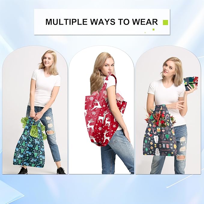 BeeGreen 12 Pack Christmas Reusable Grocery Bags Christmas Gift- 50 Lbs Foldable Polyester Totes With Elastic Band And Storage Pouch For Shopping, Kitchen, Parties Shopping Bag Tote Bags Bulk