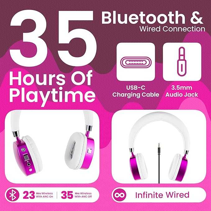 Puro Sound Labs PuroQuiet Plus Noise Cancelling Headphones for Kids, Bluetooth Kids On Ear Headphones with Mic, Lightweight On-Ear Design, Studio-Grade Sound (Pink)