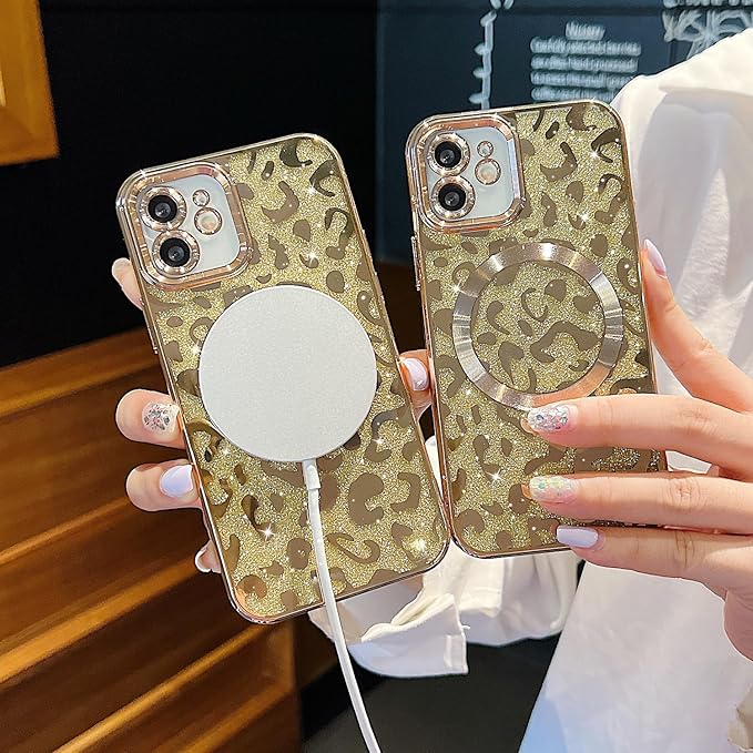 for iPhone 12 Case Magnetic,Soft Cute Luxury Leopard Cheetah Pattern Plating Glitter Bling Phone Case Compatible with MagSafe Clear Shockproof Back Cover for Women Girl 6.1"-Gold