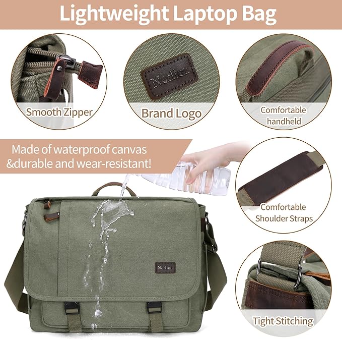 Nerlion Messenger Bag for Men 17-17.3 Inch Laptop Bag Canvas Water-resistant Computer Bag Shoulder Bag Work Briefcase Bookbag for College (Green)