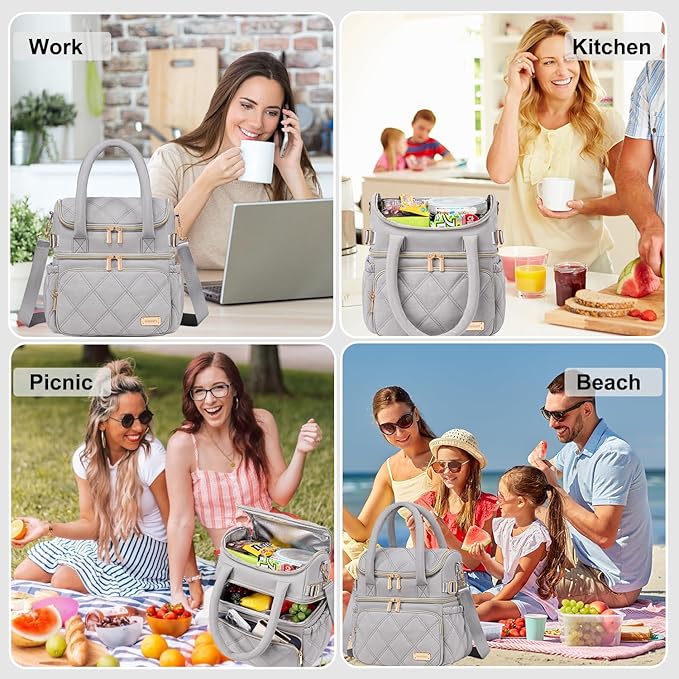 Weitars Lunch Bag for Women Men,Double Deck Lunch Box for Women,Quilted Lunch Tote for Work,Insulated Lunch Cooler Leakproof Lunchbox for Adult with Shoulder Strap &Pockets for Picnic Hiking (Gray)