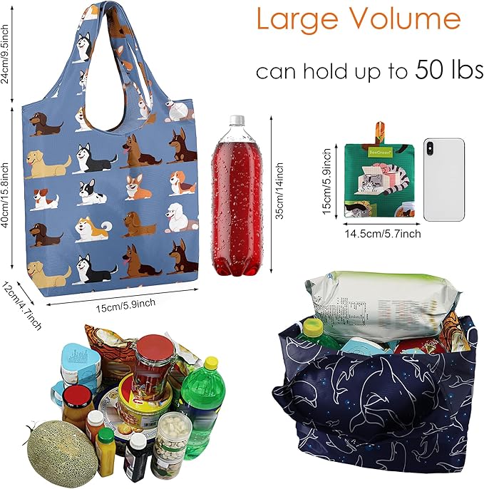 BeeGreen Reusable Grocery Bags 6 Pack, Heavy Duty Totes for Women, Foldable Grocery Bag Large Shopping Totes with Handles for Work, Travel, Gift, Store, Polyester Washable Reusable Tote Bag