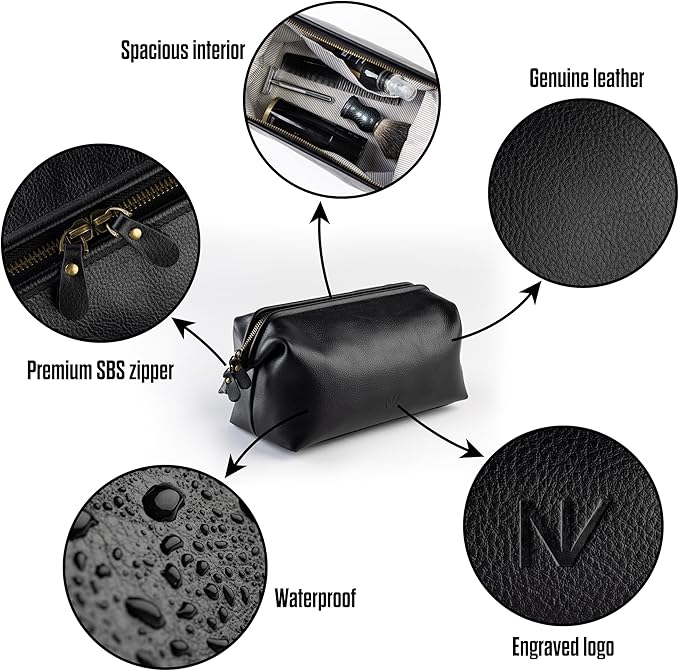 NV Holders Premium Genuine Leather Toiletry Bag for Men - The Ultimate Travel Dopp Kit and Hygiene Organizer, Perfect Men's Toiletry Travel Bag (Black)
