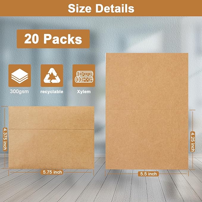 Brown Blank Thank You Cards and Envelopes 4.25 x 5.5 Heavyweight Folded Cardstock and Printable A2 Envelopes Self Seal 20 Packs for Graduation Invitations, Wedding, Greeting Cards, Birthday