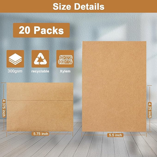 Brown Blank Thank You Cards and Envelopes 4.25 x 5.5 Heavyweight Folded Cardstock and Printable A2 Envelopes Self Seal 20 Packs for Graduation Invitations, Wedding, Greeting Cards, Birthday