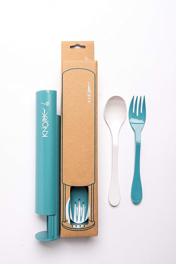 Knork Eco Astrik Plant Based Travel Set, 3 Piece, Teal Blue, White