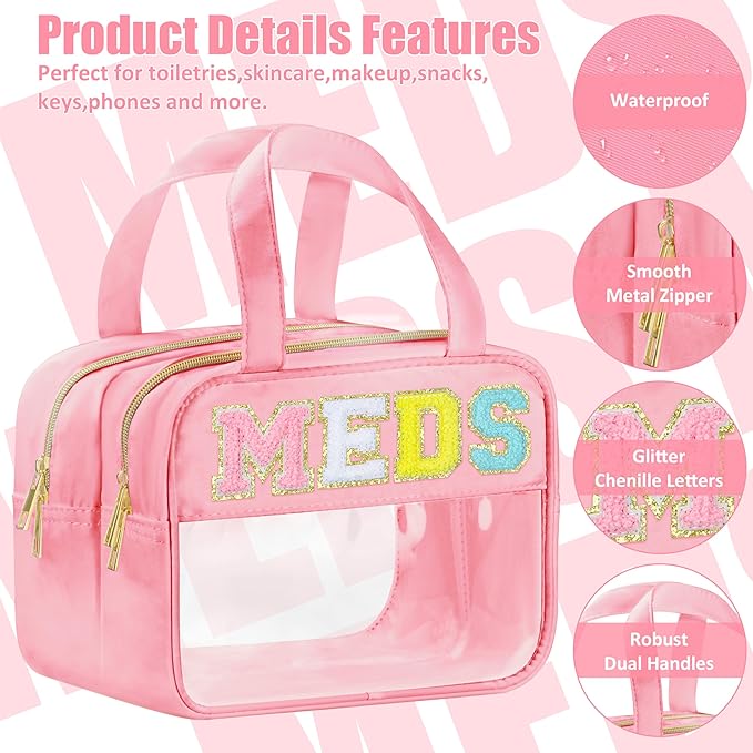 Chenille Letter Clear Medicine Makeup Bag for Travel, Preppy Patch Nylon Cosmetic Meds Pouch with Handles and Zipper, Waterproof Large Travel Toiletry Bag Storage Case for Women Pink