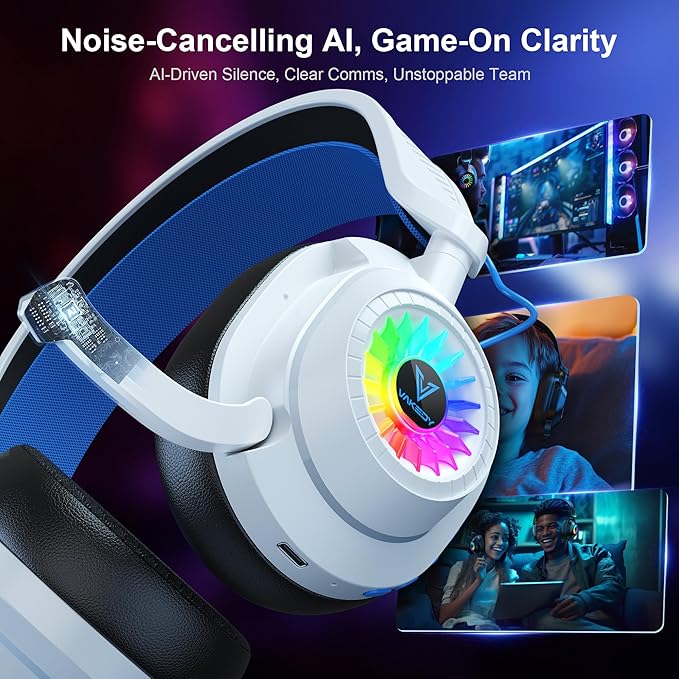 HW10 Wireless Gaming Headset for PS5, PC, PS4, Switch, Noise Cancelling Over Ear Headphones with Mic, 2.4GHz Low Latency & Bluetooth, 50Hr Battery, RGB Light(White/Blue)