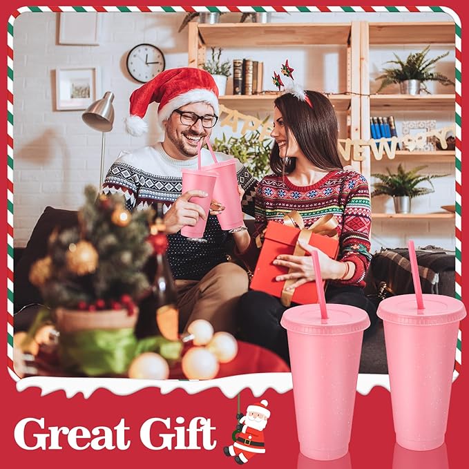 Honeydak 60 Pack Tumbler with Straw and Lid Bulk Glitter Plastic Cups Water Bottle Iced Coffee Travel Mug Reusable Party Favor Cups for Birthdays travel 24-27 oz (Light Pink)