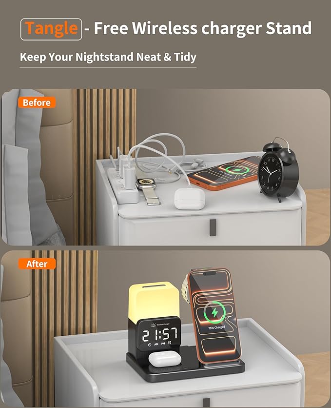 6-in-1 Wireless Charging Station, Charger Stand for Apple Multiple Devices, for iPhone 17 16 15 14 13 12 Pro Max Watch Airpods, Wireless Charger iPhone Charging Station with Night Light/Alarm Clock